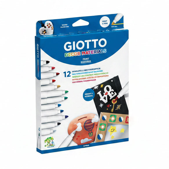 Giotto paint markers packaging with colorful illustrations on a white background